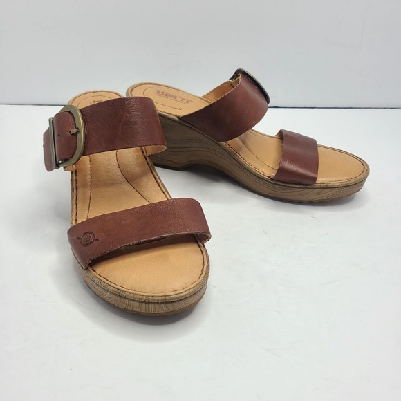 Born Emily Sandal Women's US 8M Wedge Slide Heels Shoes Leather‎ Buckle - Picture 1 of 8